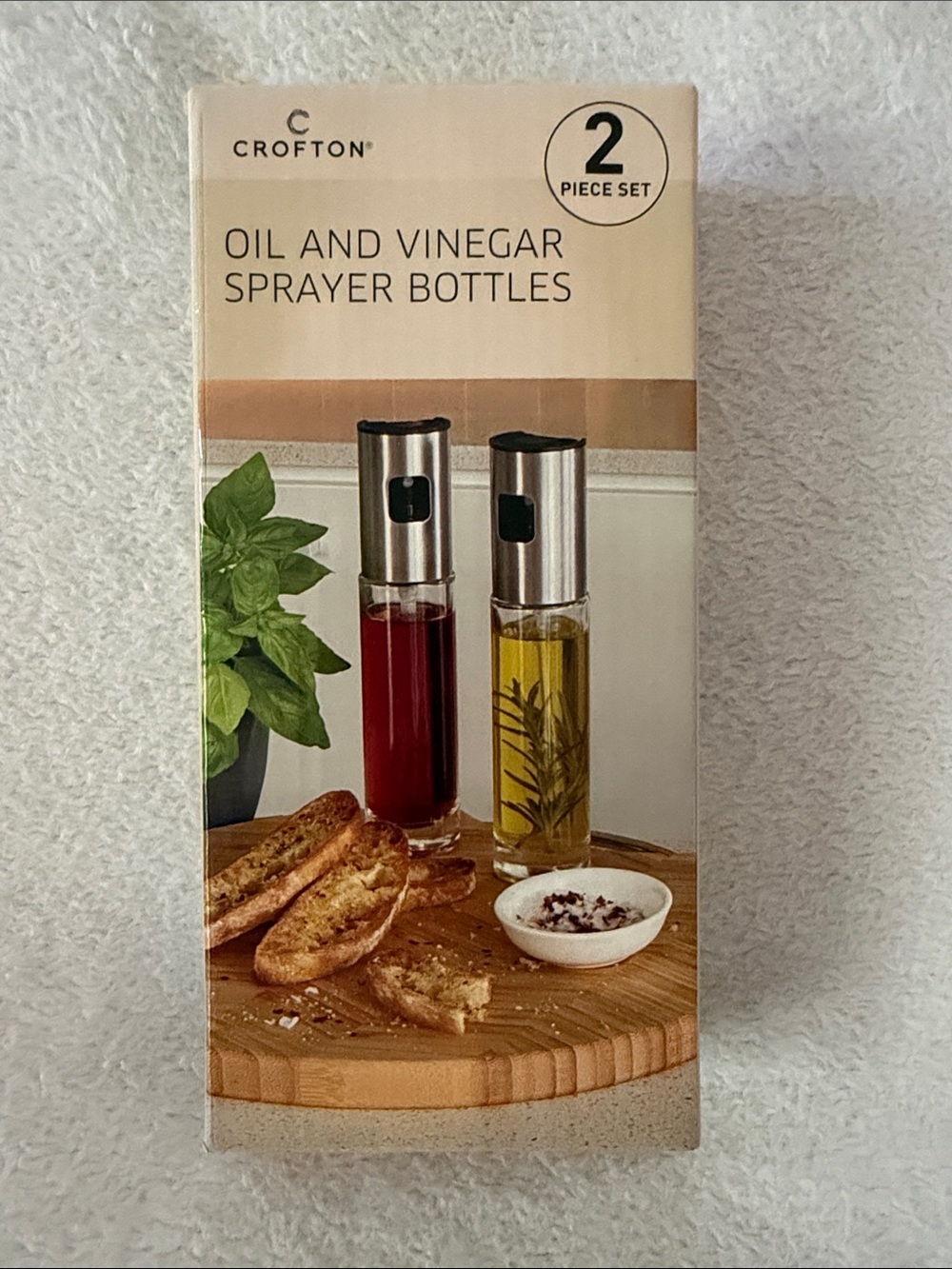 NIB Crofton Oil and Vinegar Sprayer Bottles - Stainless/Clear (2 Piece Set)